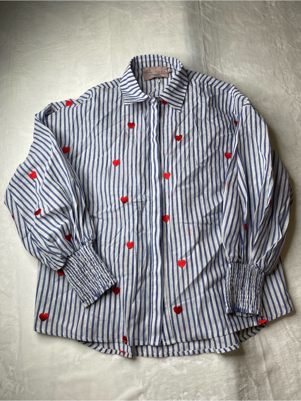 Women Striped Blue & White Shirt with Red Heart Embroidery - Button Front Size L